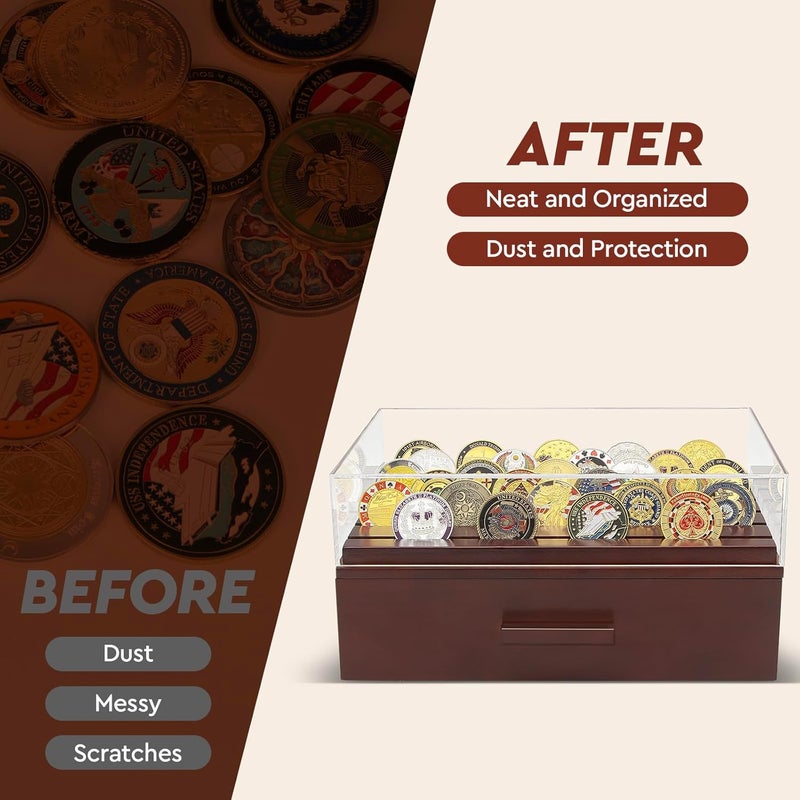ULTRGEE Challenge Coin Display Case, Military Coin Collection Holder with Wooden Coin Box, Drawers, and Clear Acrylic Lid – Gifts for Coins Collectors (6 Rows) - Image 4